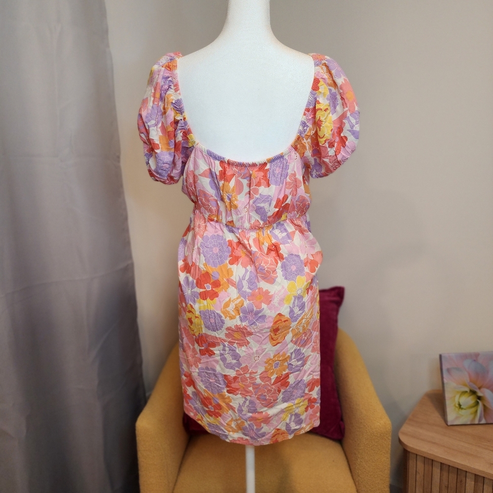 SO Womans Large Spring Floral V Neck Keyhole Aline Mini Dress Tropical Sherbert - Picture 2 of 6